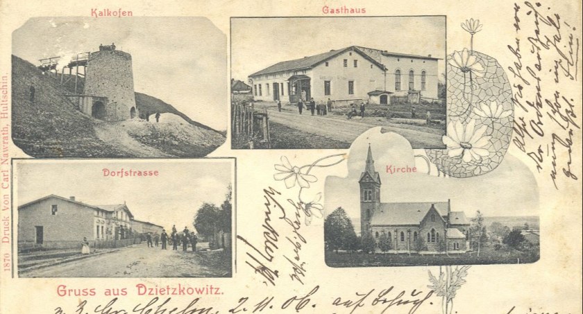 Na pocztówce z 1906 r. widoki z Dziećkowic. Kartę wydał Carl Nawrath z Hulczyna.