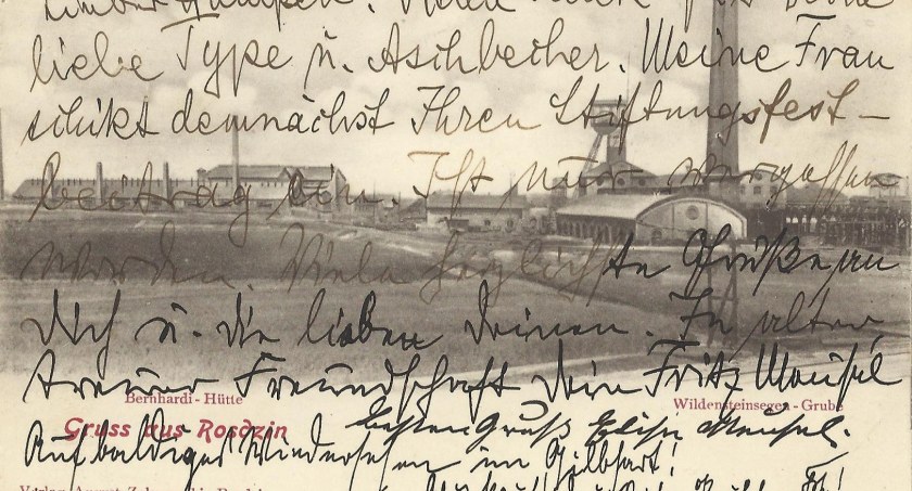 Na pocztówce zatytułowanej „Gruss aus Rosdzin” (Pozdrowienia z Roździenia) po prawej widok kopalni „Wildsteinsegen”. Po lewej huta Bernhardi. Obieg pocztowy 5 września 1905 r.