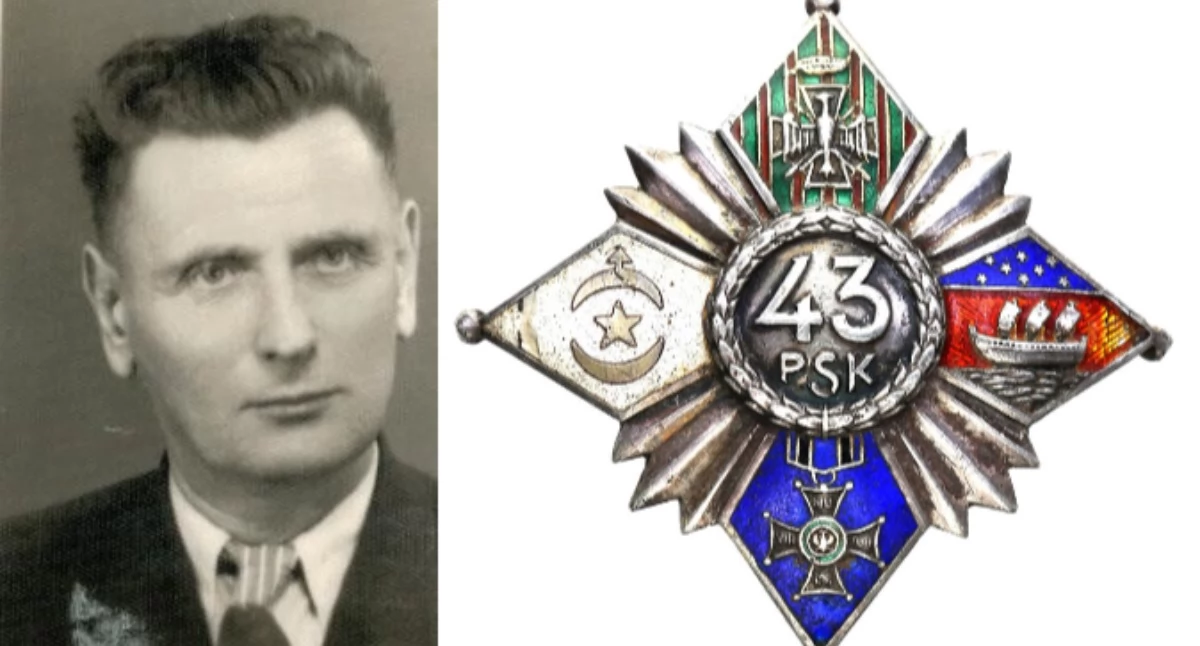 Franciszek Jacent na fotografii portretowej. Odznaka 43. pułku Strzelców Legionu Bajończyków w Dubnie, gdzie przed wojną służył Fr. Jacent