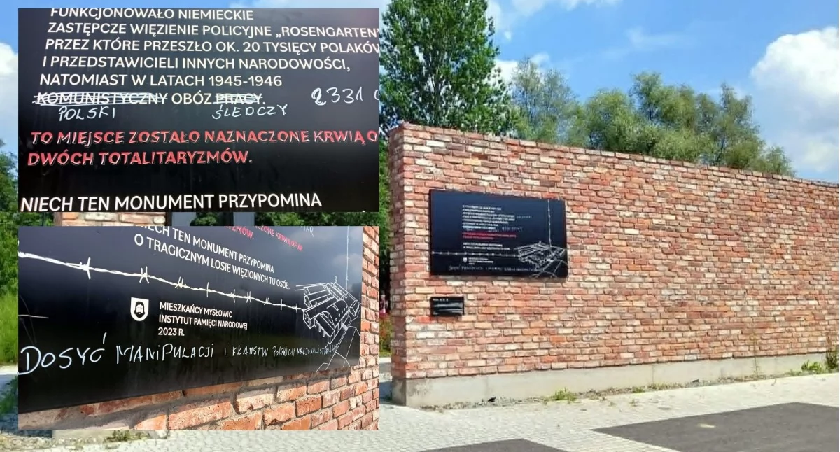 NEWS, Zdewastowana tablica upamiętniającą ofiary obozów Promenadzie Straż Miejska Mysłowice szuka sprawcy - zdjęcie, fotografia